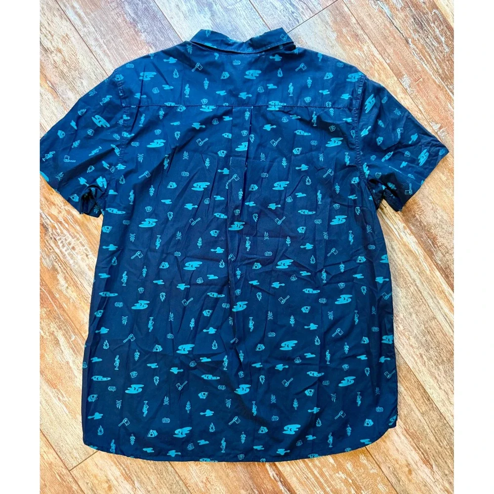The North Face Men's XL Camping Print Shirt Blue Short Sleeve Button Up Gorpcore
